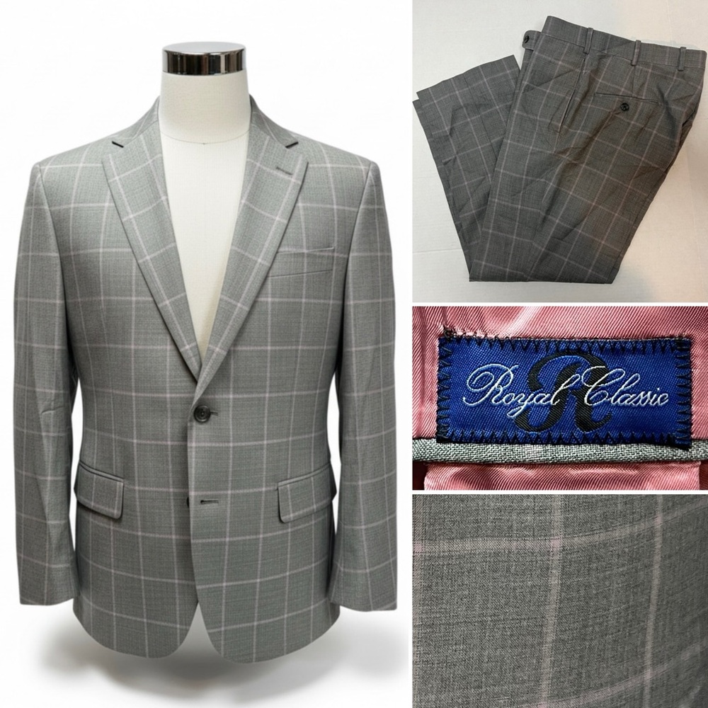 Tom James Royal Classic Custom Men’s 40S Bespoke Gray Pink Windowpane Plaid Suit